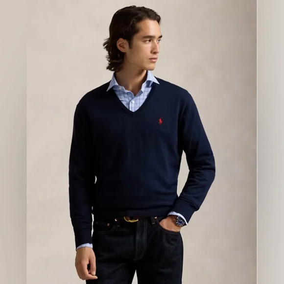 Men’s Polo V-Neck Long Sleeve Navy Sweater Size Large EUC - Picture 1 of 6
